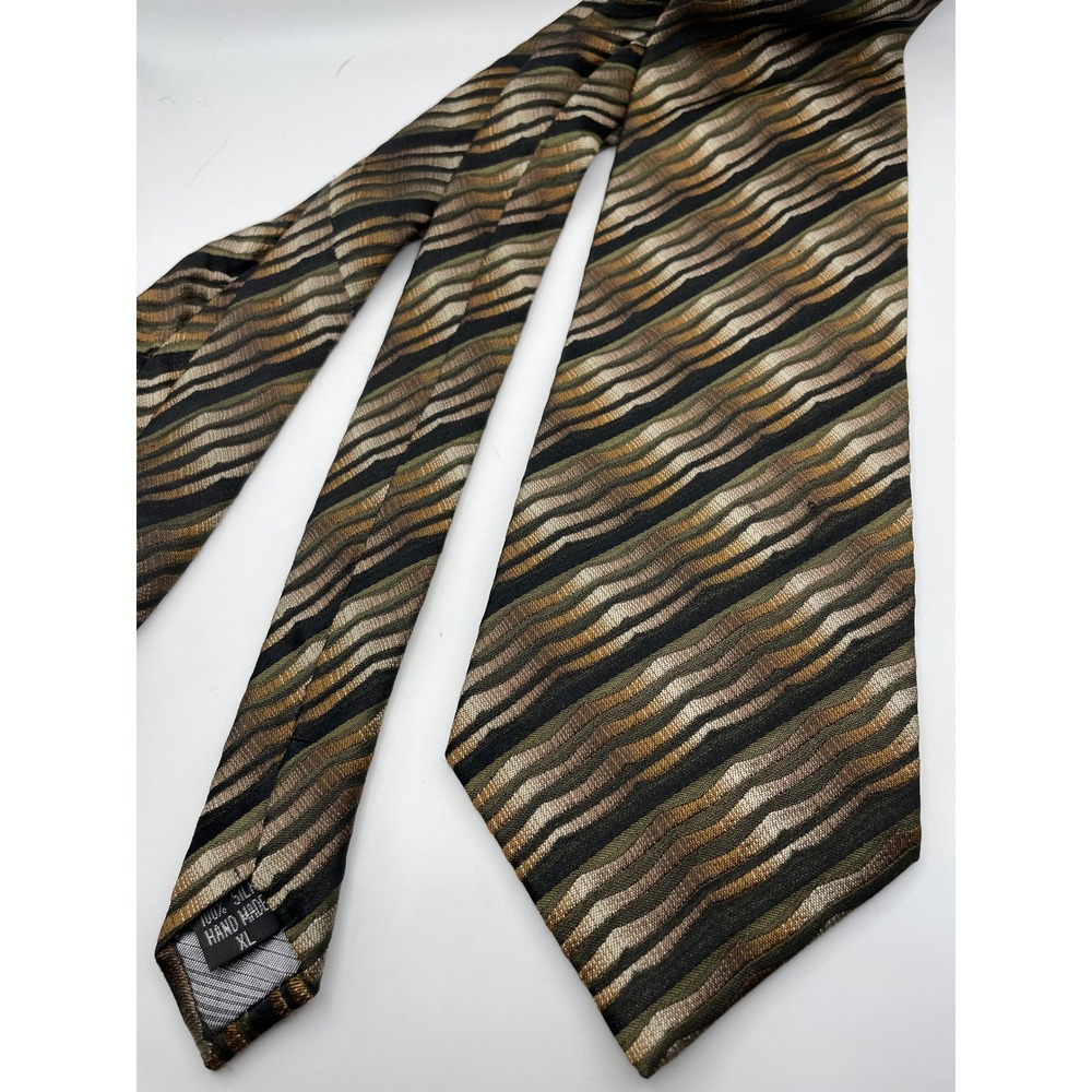 Alberto Zerra Rome New York Mens XL Silk Tie Wavy Stripe Green Bronze Gold 4"